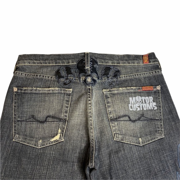 HTF: 7 For All Mankind® x Great China Wall ☻︎ Leather Skull Patch Standard Jeans - Picture 9 of 16